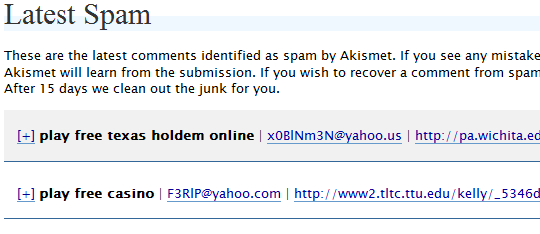 Leaner Akismet Management page with one comment per line